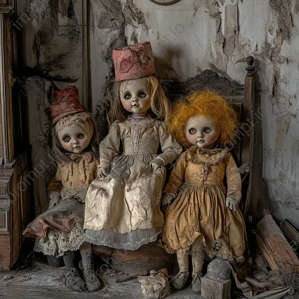 Pastel depiction of petrifying dolls in an abandoned nursery - Image 2