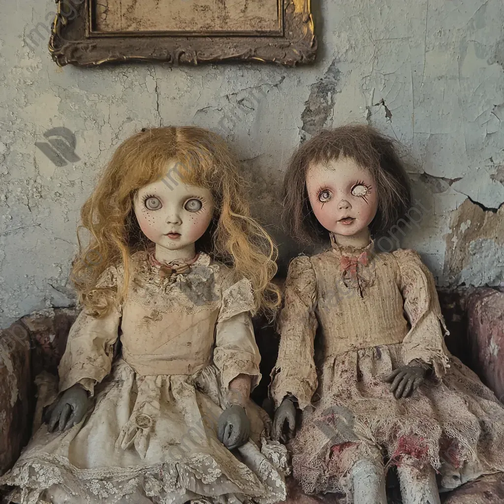 Pastel depiction of petrifying dolls in an abandoned nursery - Image 4