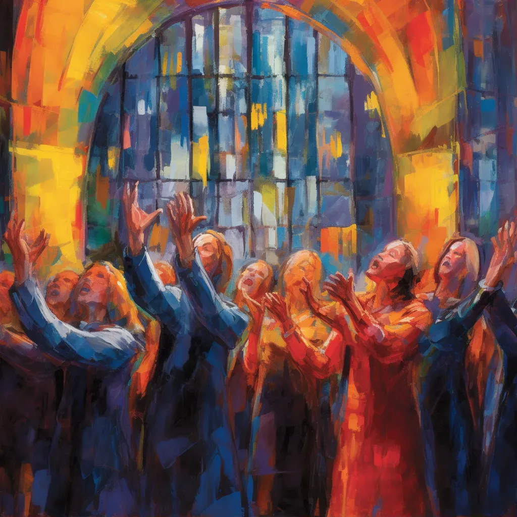 Choir singing in cathedral with vibrant stained glass colors - Image 1