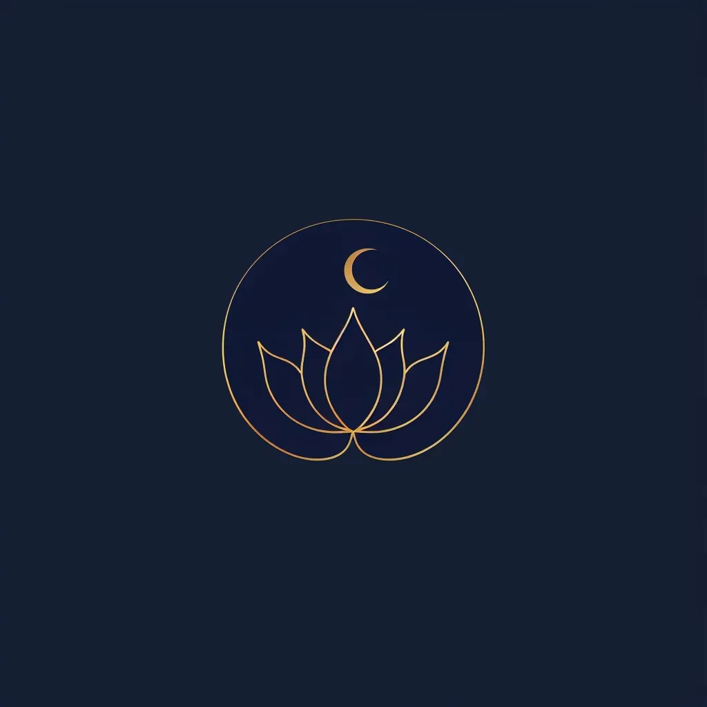 Logo featuring a single line creating a lotus flower and crescent moon, in gold and navy. - Image 1