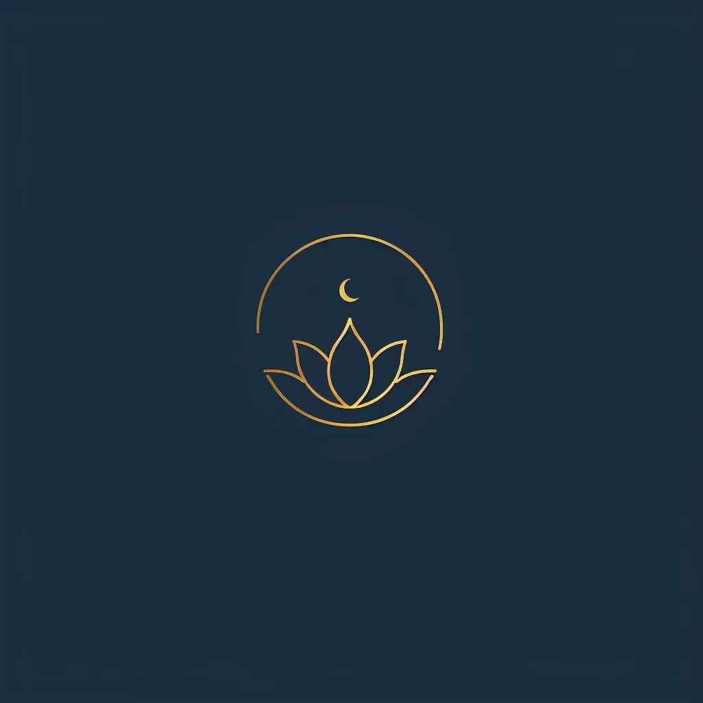 Logo featuring a single line creating a lotus flower and crescent moon, in gold and navy. - Image 4