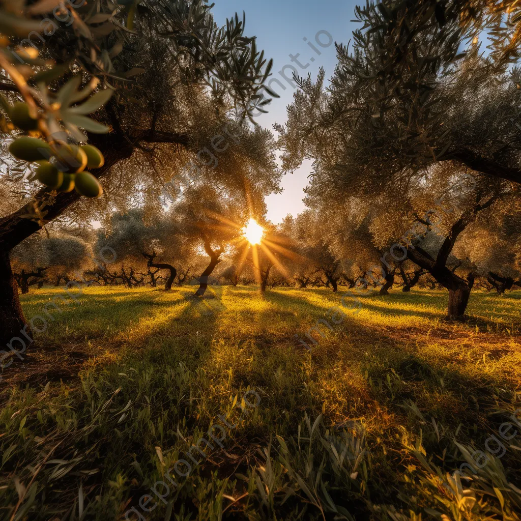 Serene olive orchard at dusk bathed in warm light. - Image 1