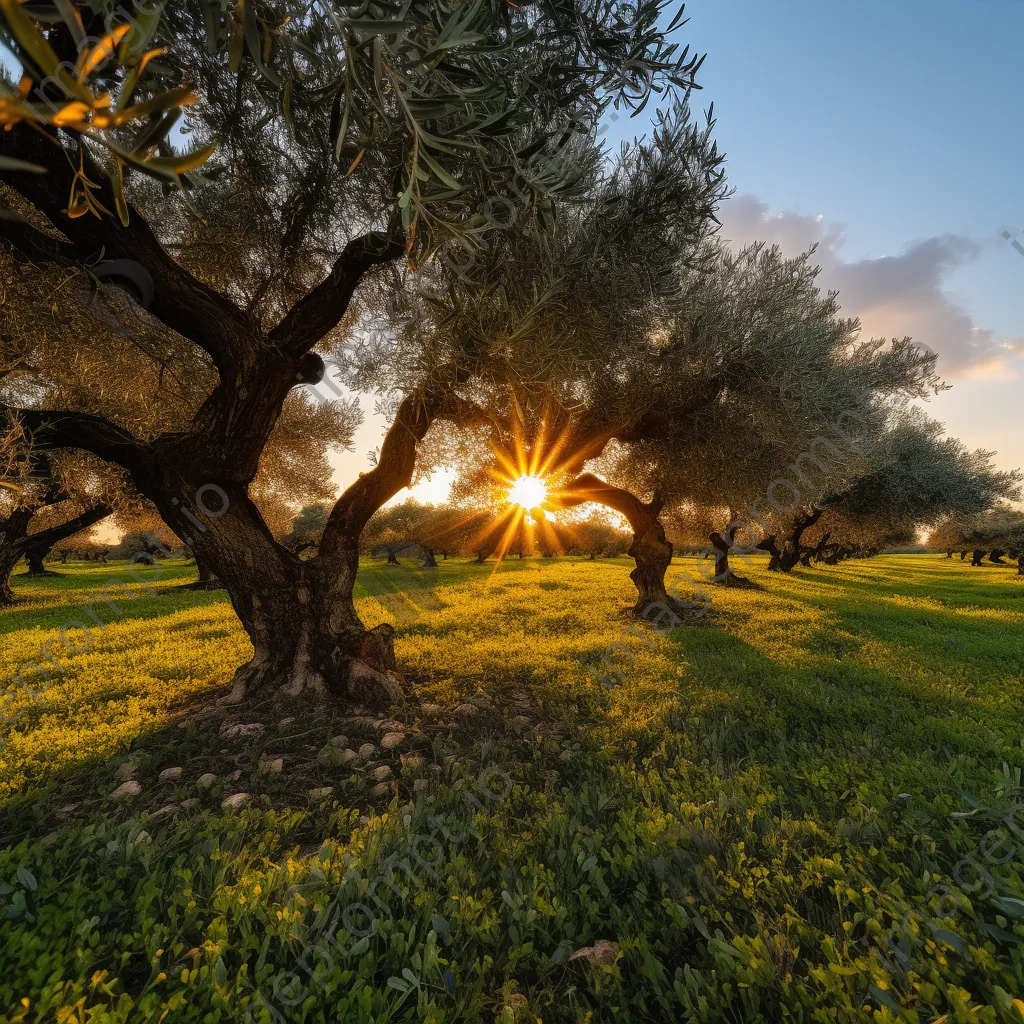 Serene olive orchard at dusk bathed in warm light. - Image 3