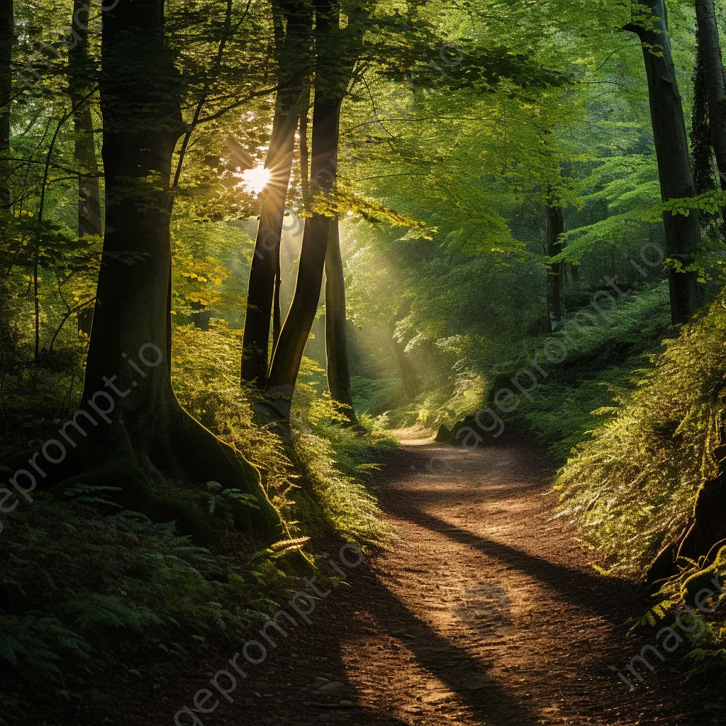 Forest path surrounded by sunlight and green leaves - Image 1