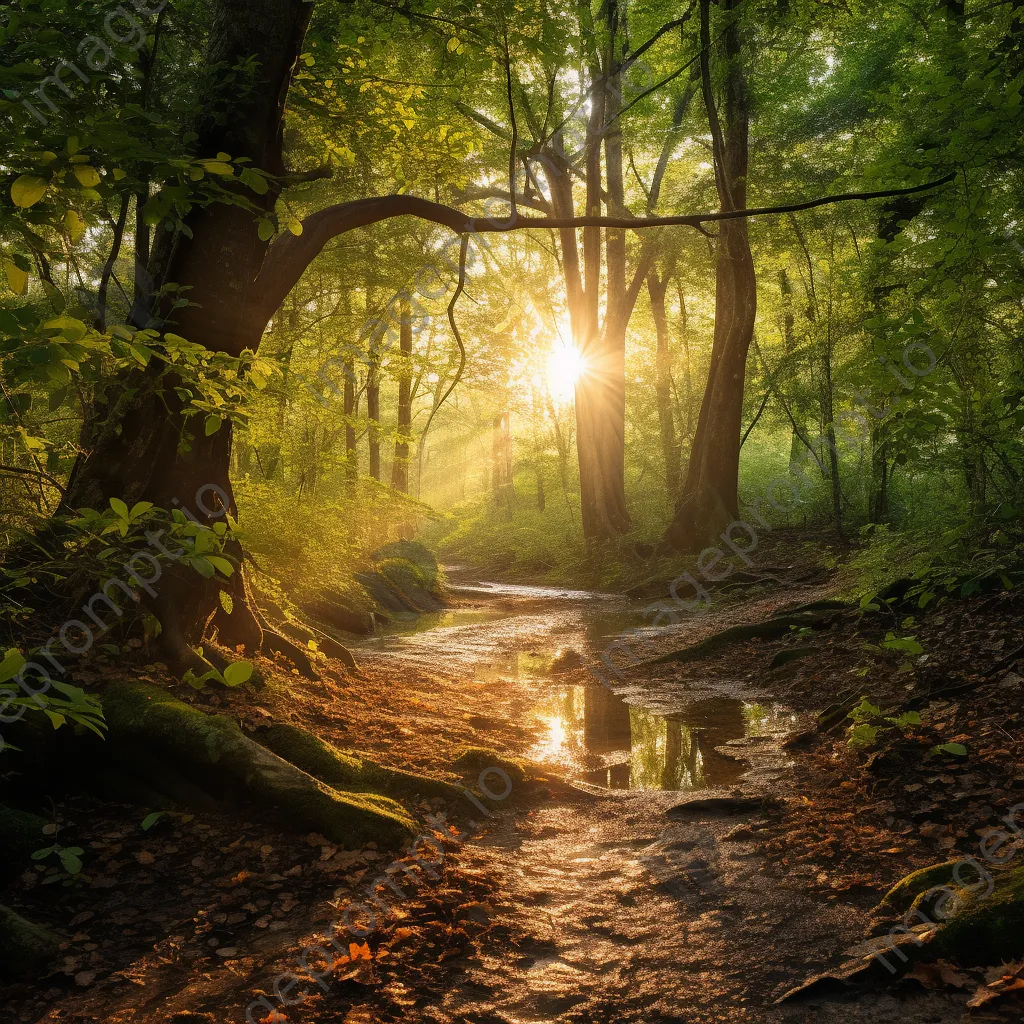 Forest path surrounded by sunlight and green leaves - Image 2