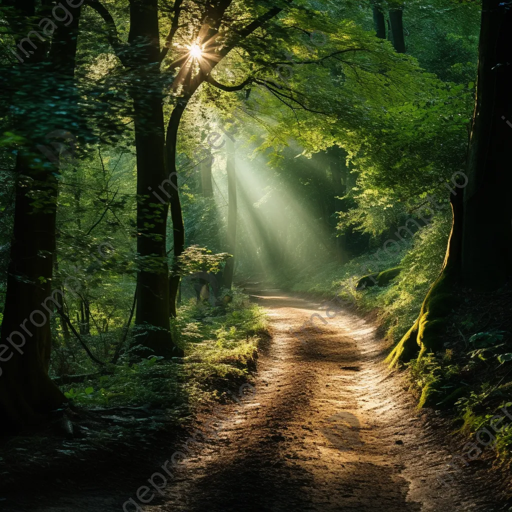 Forest path surrounded by sunlight and green leaves - Image 3