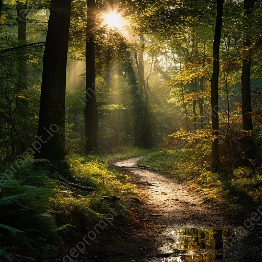 Forest path surrounded by sunlight and green leaves - Image 4