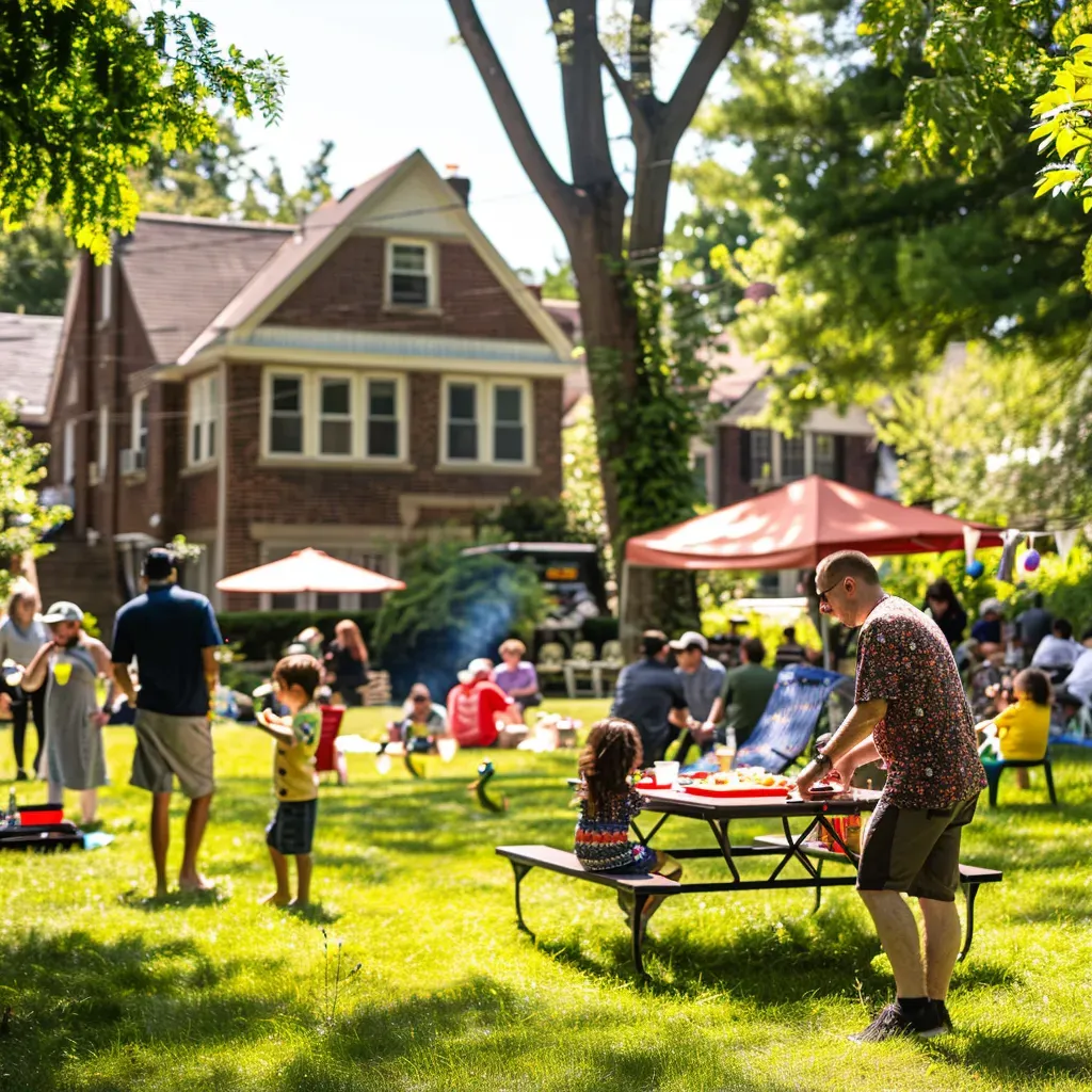 Neighborhood block party with families enjoying outdoor games and BBQ - Image 1