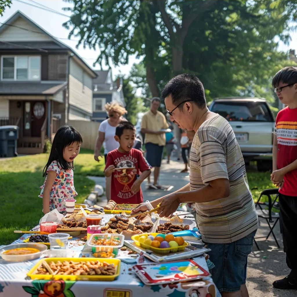 Neighborhood block party with families enjoying outdoor games and BBQ - Image 3