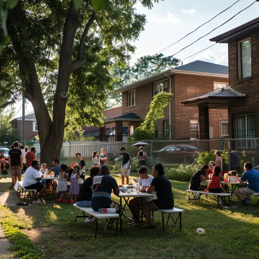 Neighborhood block party with families enjoying outdoor games and BBQ - Image 4