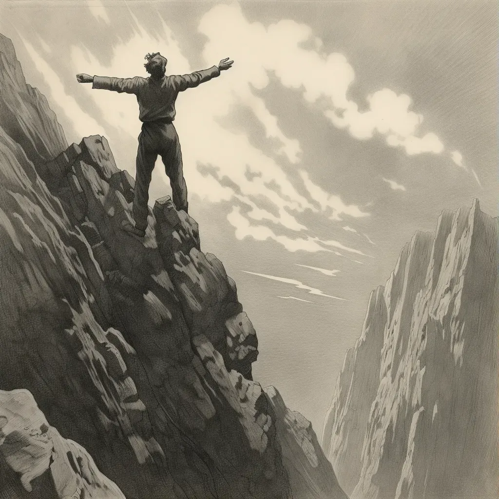 Man standing at the edge of a cliff, arms wide, against a windy sky - Image 1