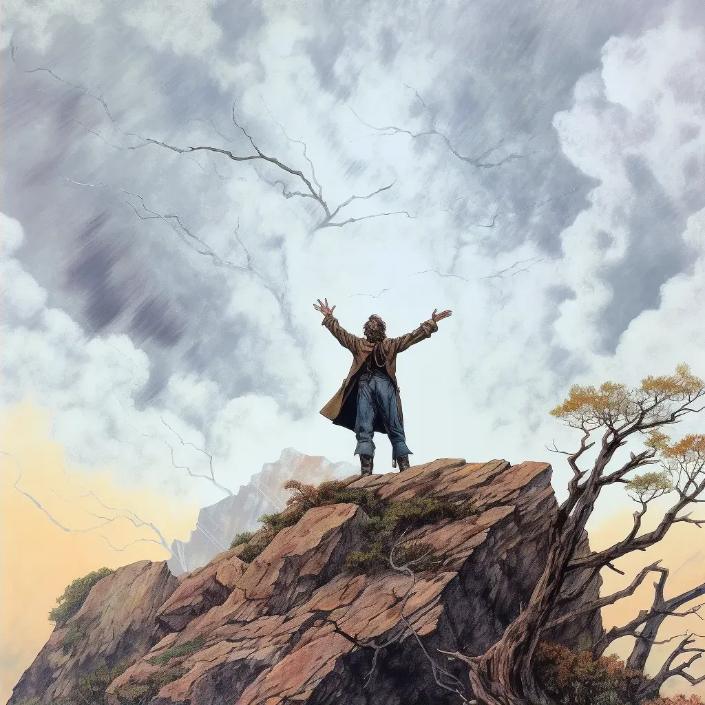 Man standing at the edge of a cliff, arms wide, against a windy sky - Image 2