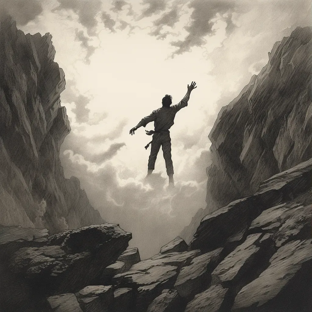 Man standing at the edge of a cliff, arms wide, against a windy sky - Image 3