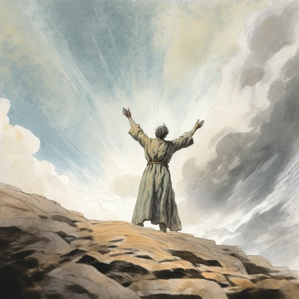 Man standing at the edge of a cliff, arms wide, against a windy sky - Image 4