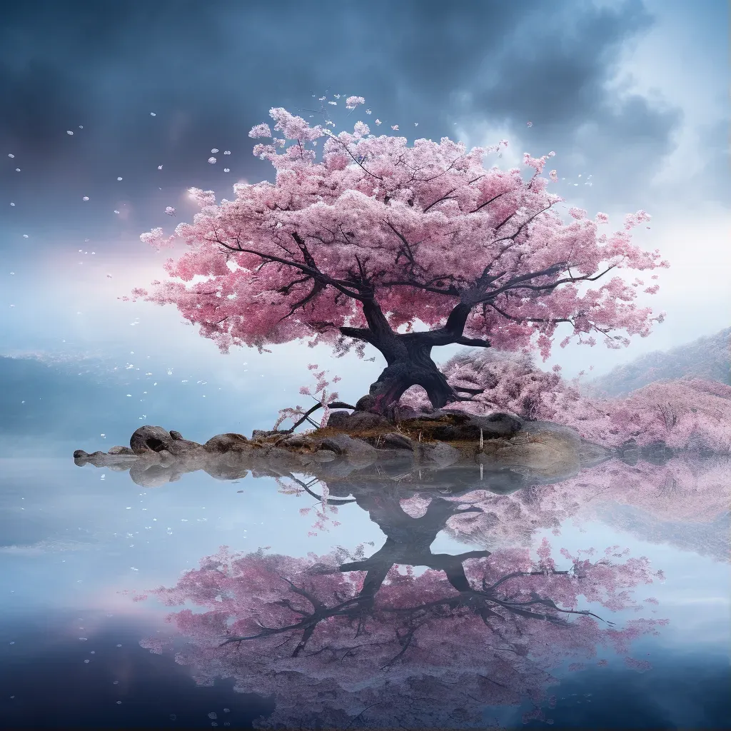 Cherry blossom tree beside a reflective pond - Image 1