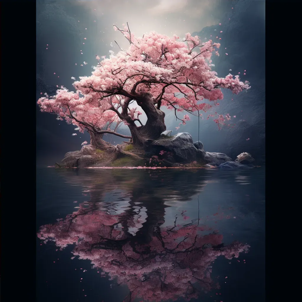 Cherry blossom tree beside a reflective pond - Image 4