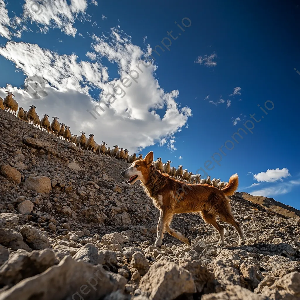 Herding dog guiding sheep on rocky terrain under blue sky - Image 2