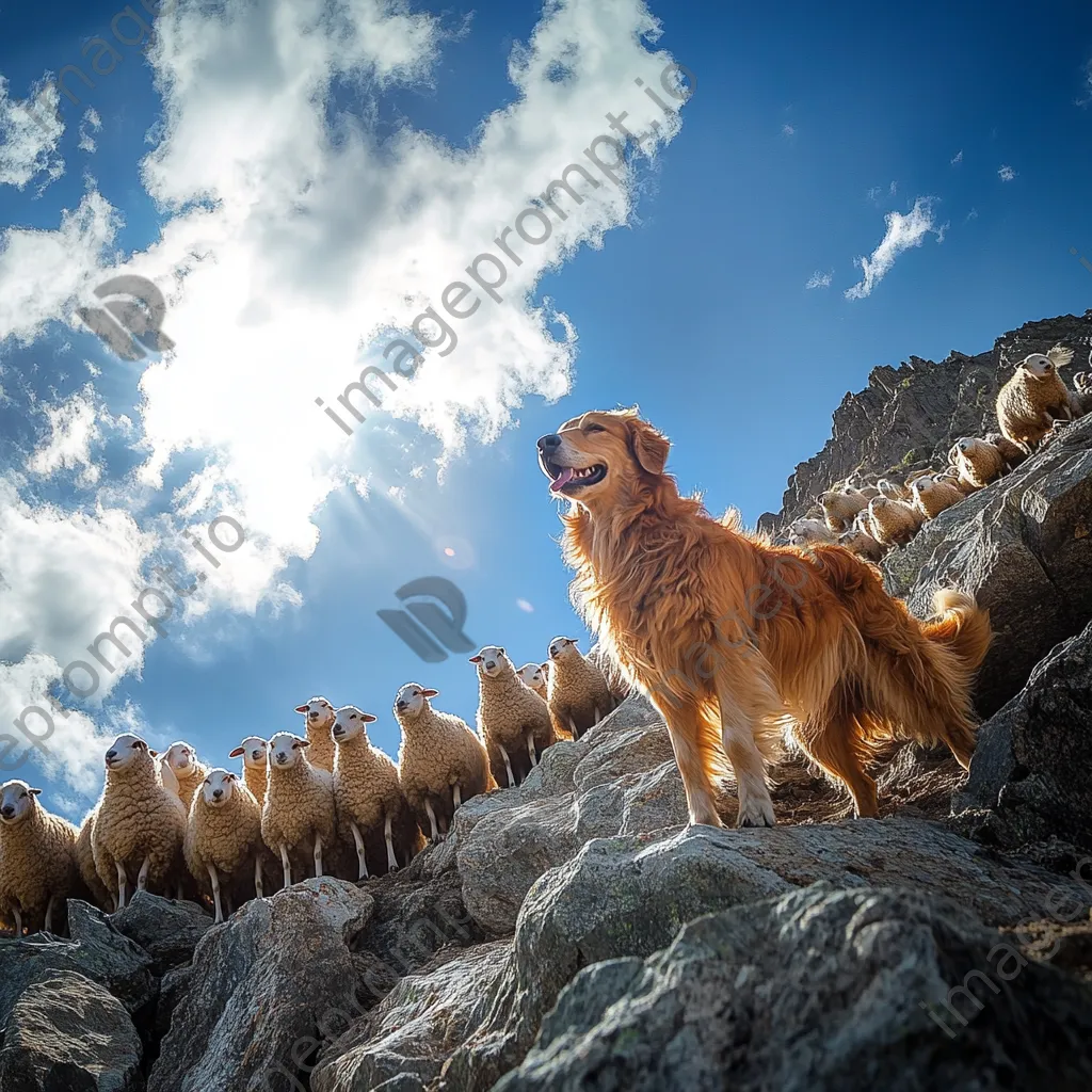 Herding dog guiding sheep on rocky terrain under blue sky - Image 3