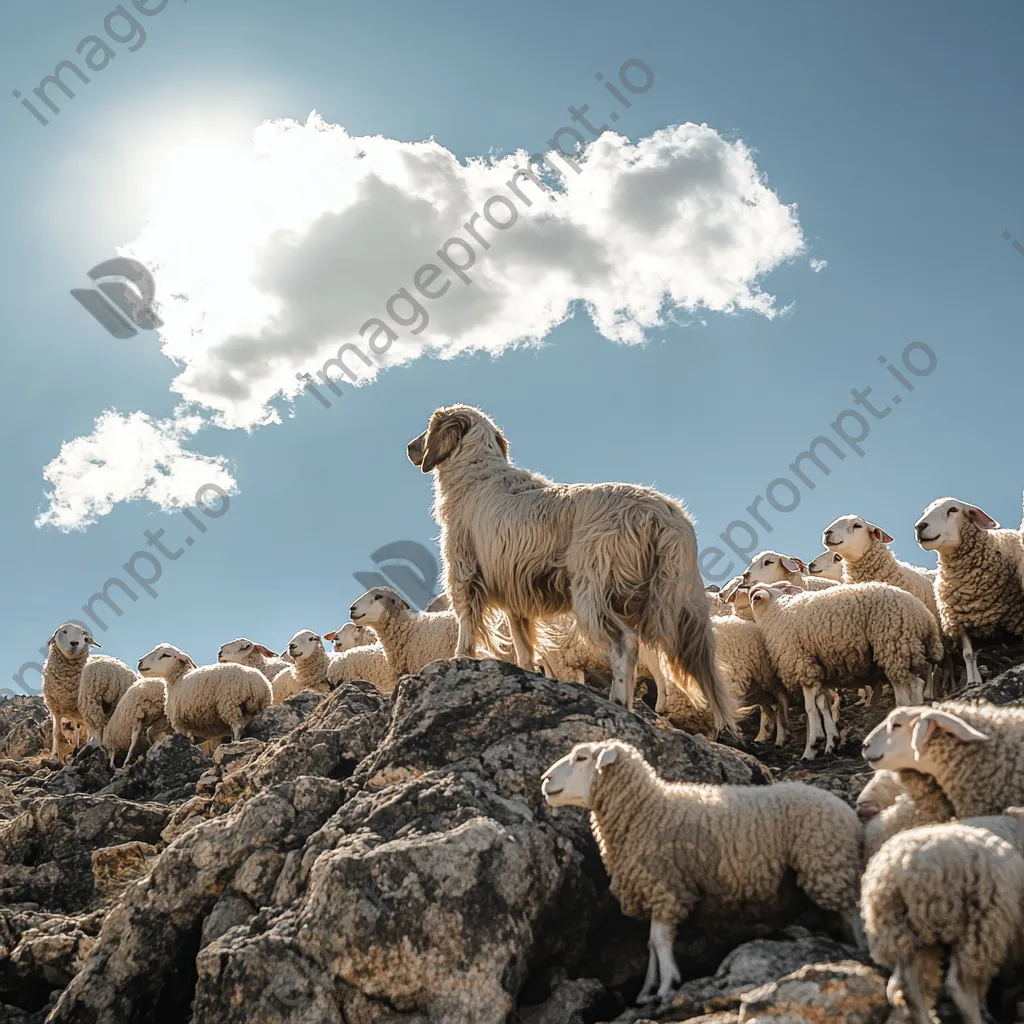 Herding dog guiding sheep on rocky terrain under blue sky - Image 4