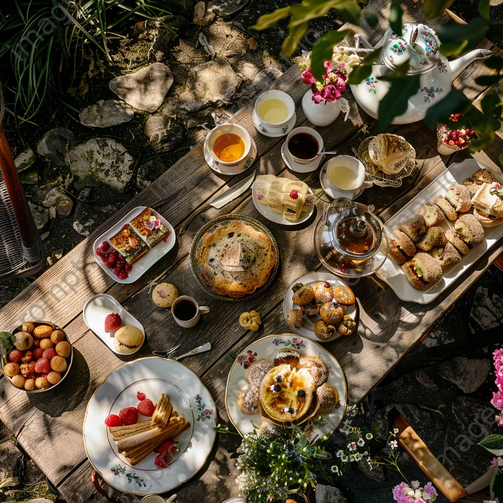 Overhead view of a garden tea party spread with assorted treats. - Image 2