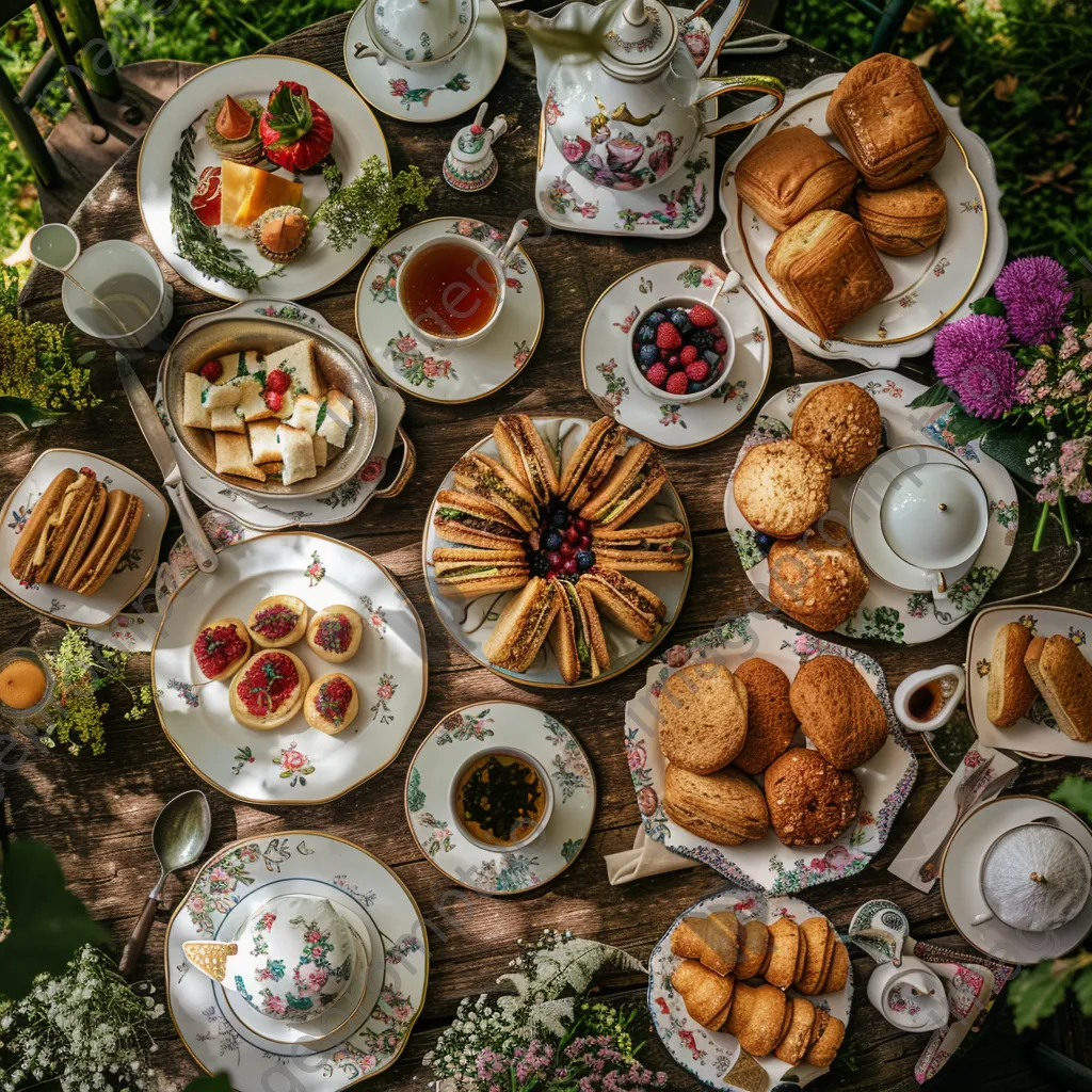 Overhead view of a garden tea party spread with assorted treats. - Image 3