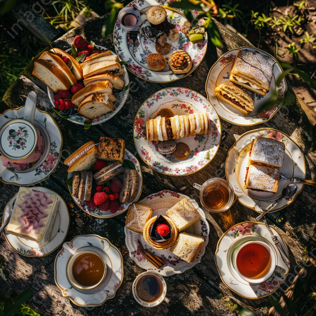 Overhead view of a garden tea party spread with assorted treats. - Image 4