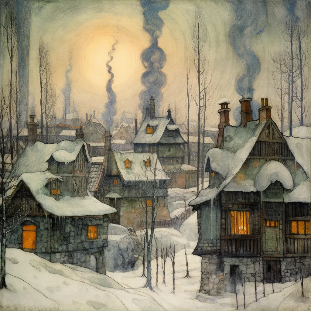 Snow-covered village with smoking chimneys in winter - Image 1