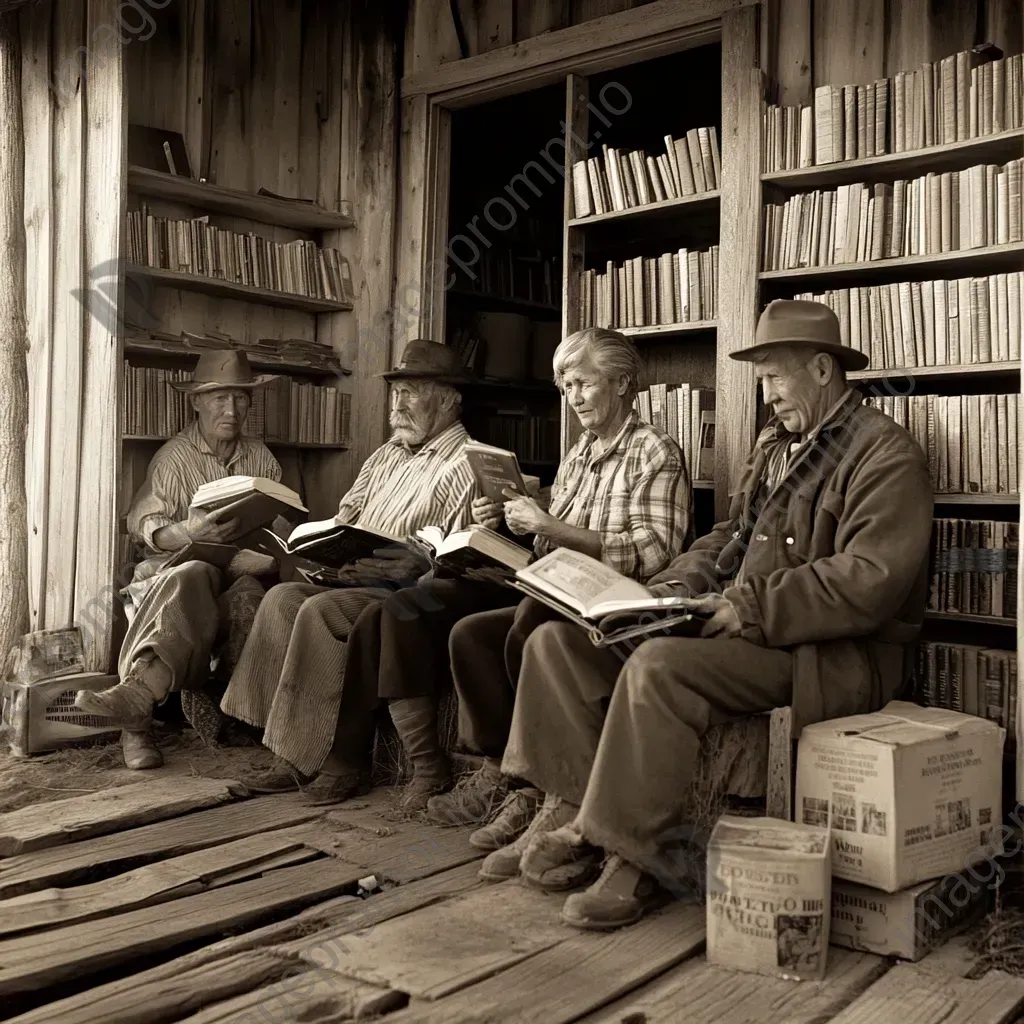 Sepia-toned photograph of village members donating books to establish a community library - Image 1