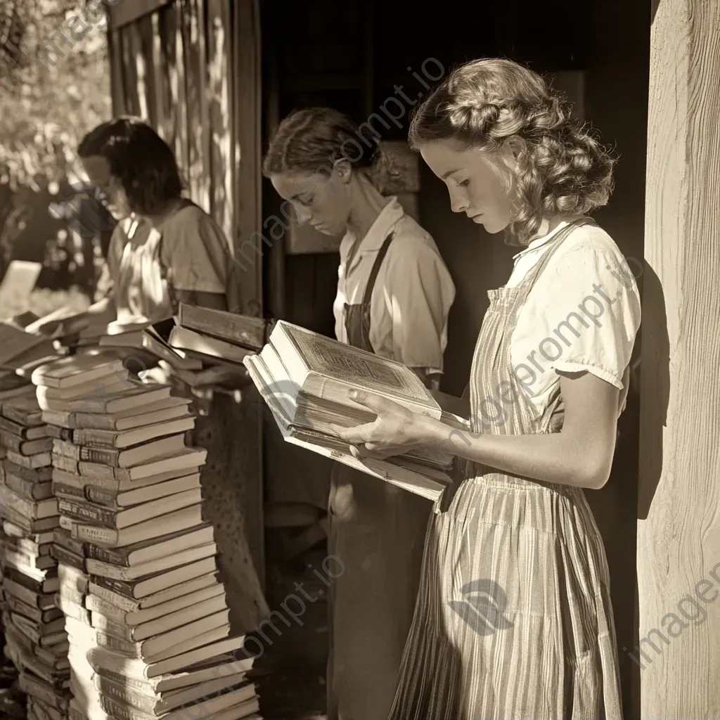 Sepia-toned photograph of village members donating books to establish a community library - Image 2