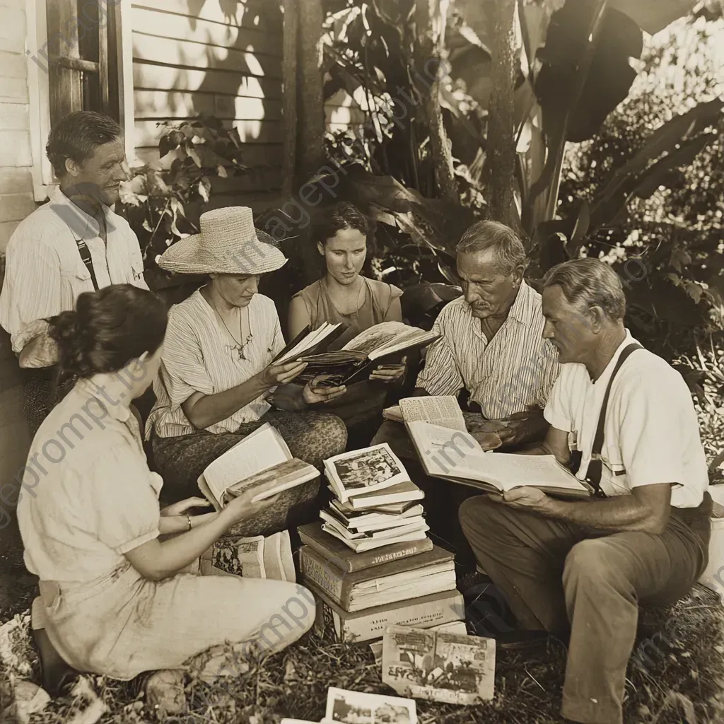 Sepia-toned photograph of village members donating books to establish a community library - Image 3