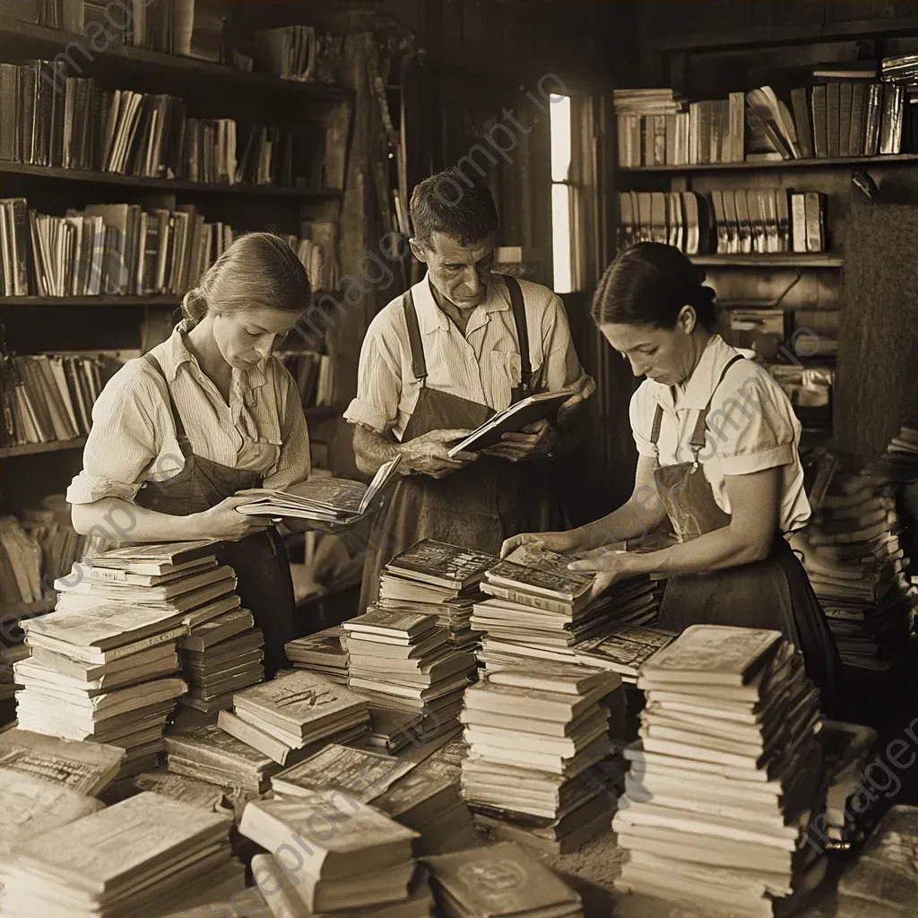 Sepia-toned photograph of village members donating books to establish a community library - Image 4