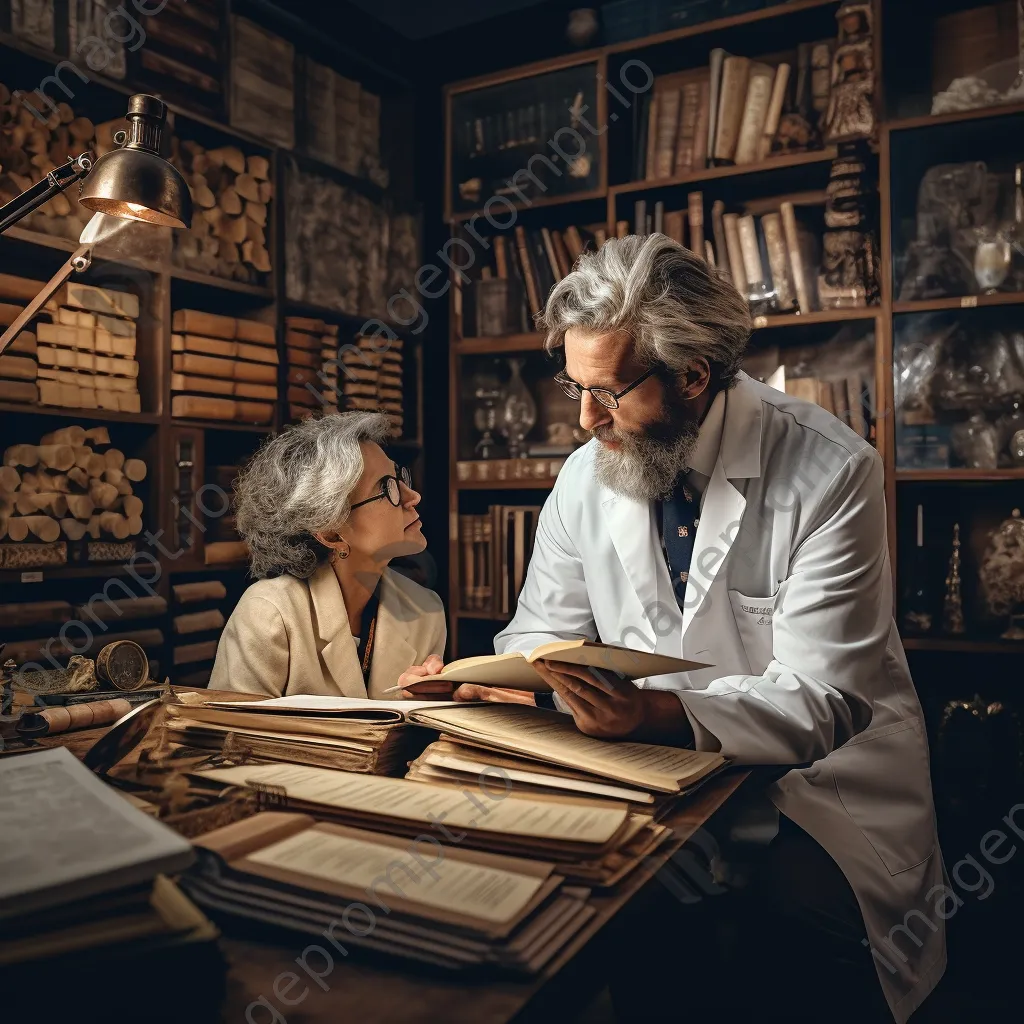 Elderly doctor consulting with middle-aged woman in office - Image 1