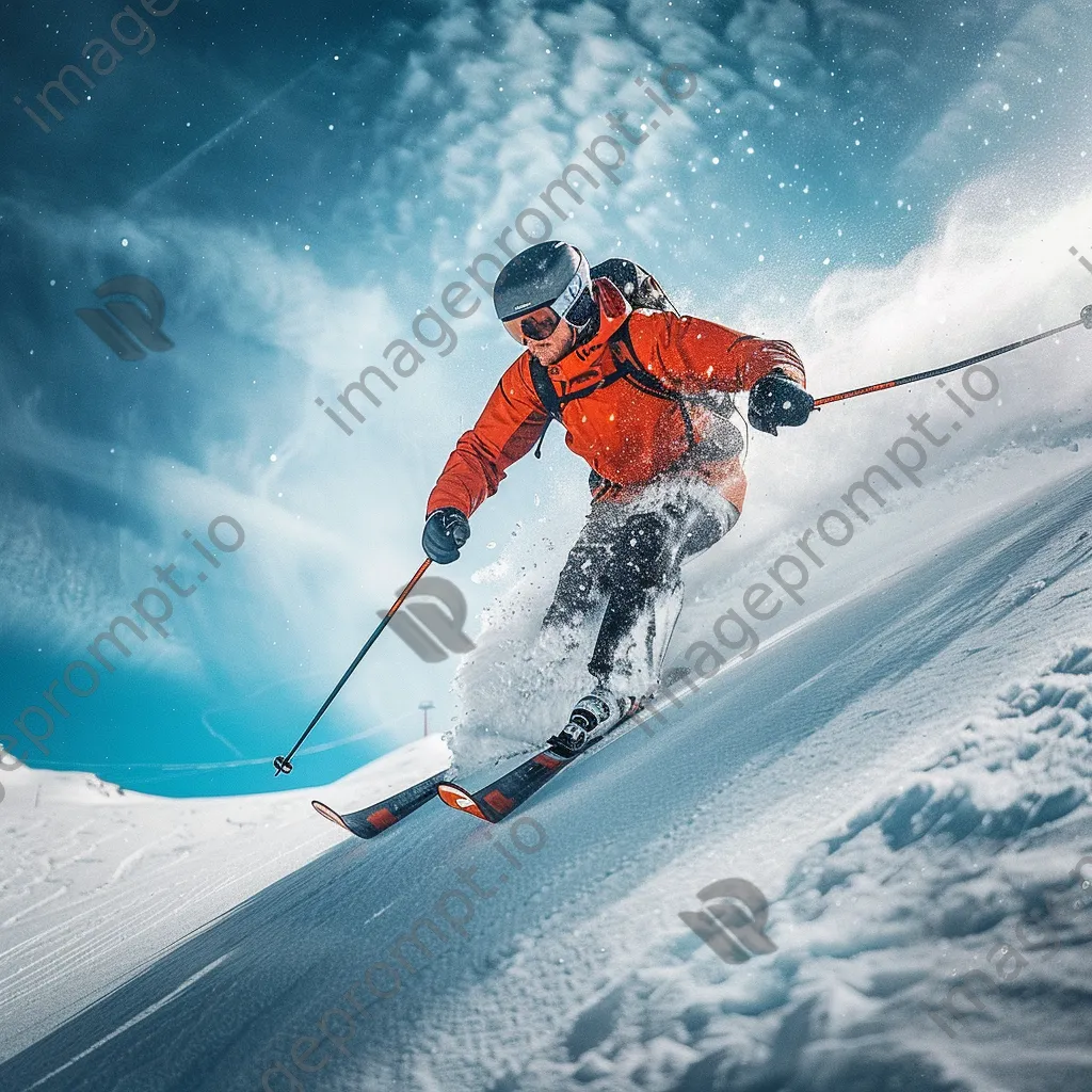 Skier expertly turning through freshly fallen powder snow - Image 3