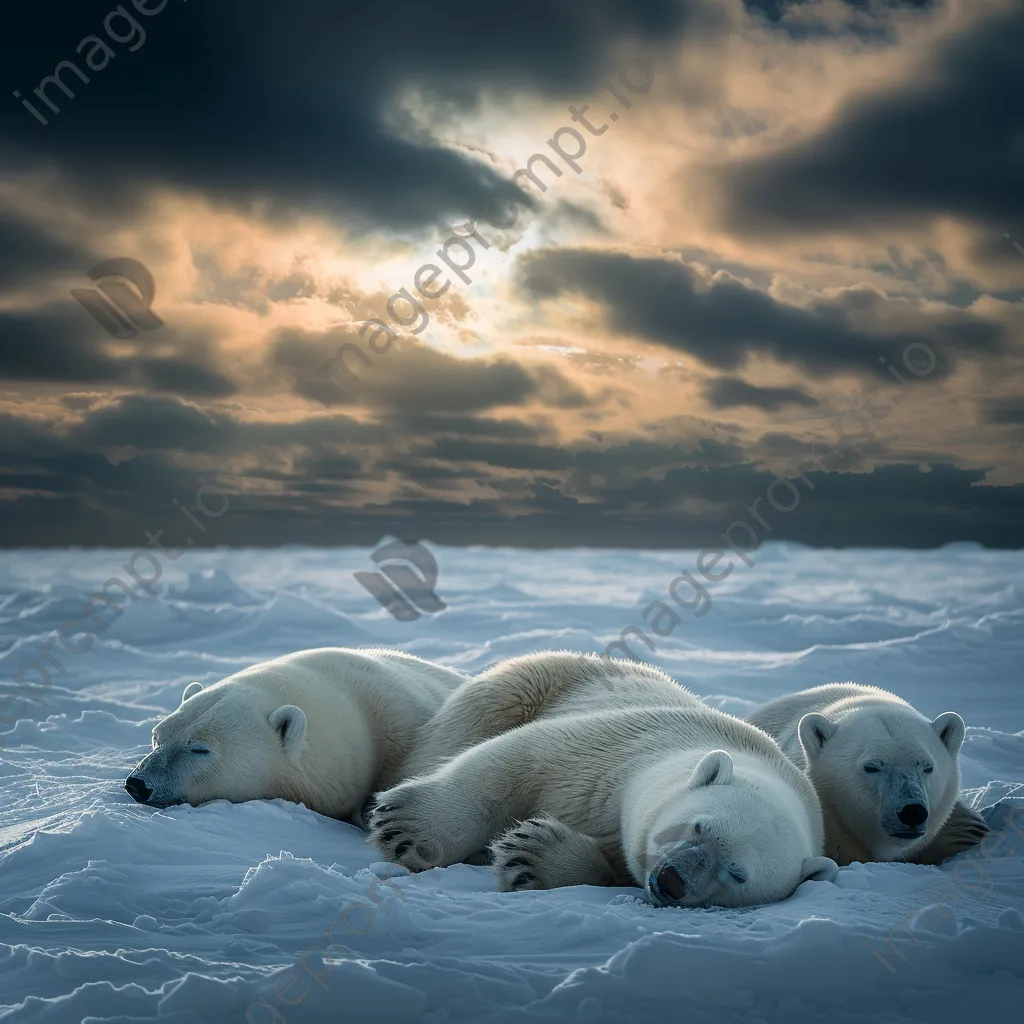 Polar bears resting on a snowy tundra with a dramatic sky - Image 1