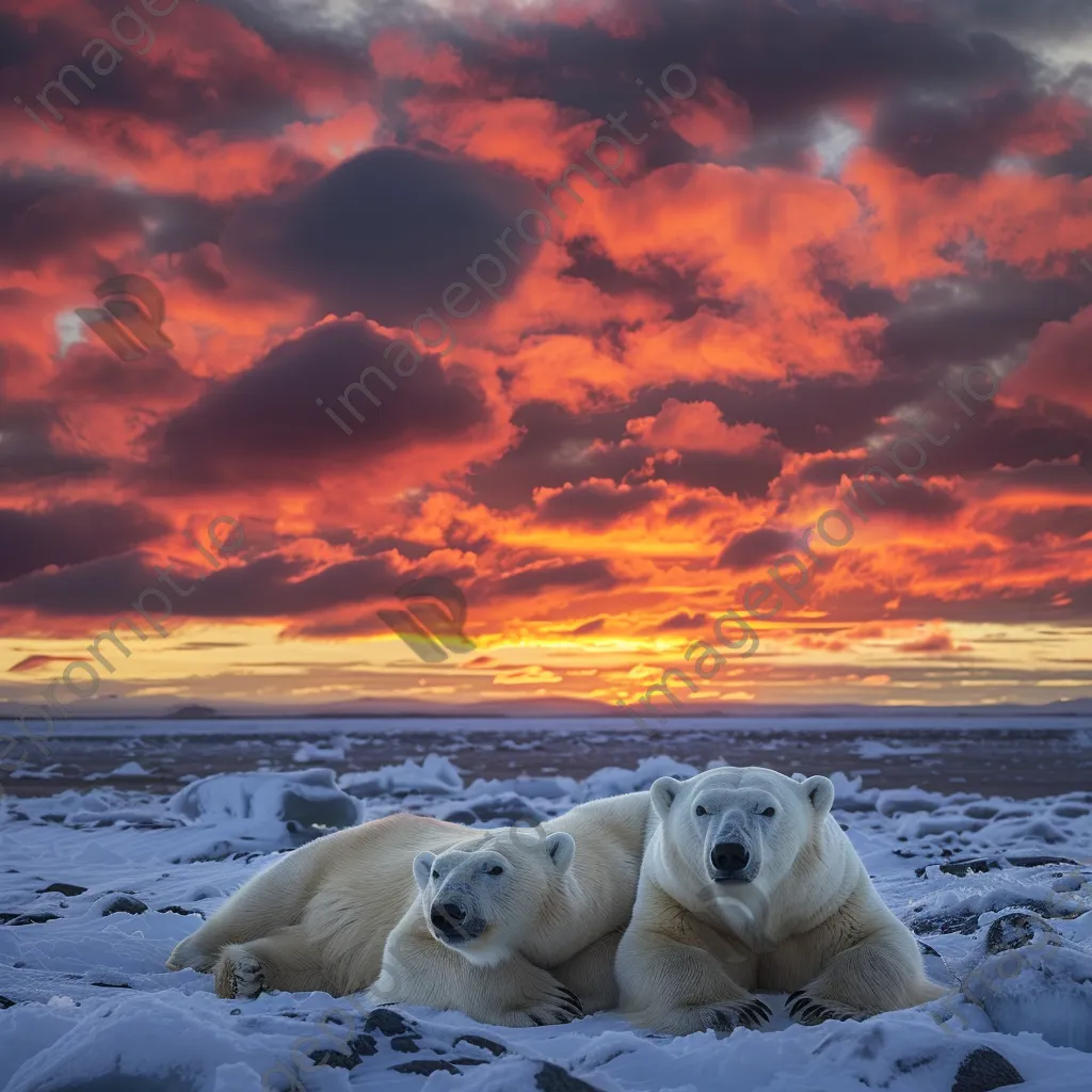 Polar bears resting on a snowy tundra with a dramatic sky - Image 2