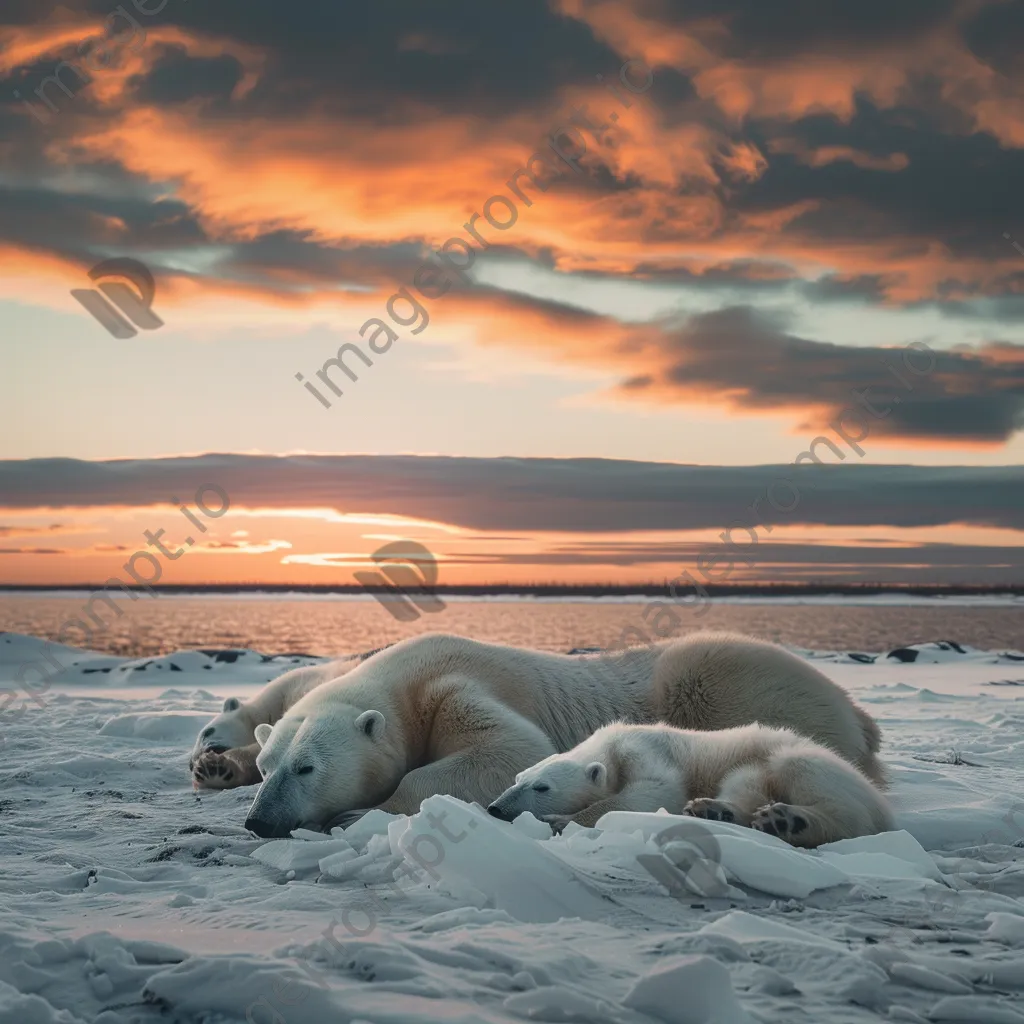 Polar bears resting on a snowy tundra with a dramatic sky - Image 3