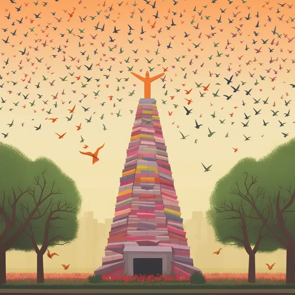 Image of a paper crane mobile over a war memorial, symbolizing wishes for peace and remembrance - Image 4