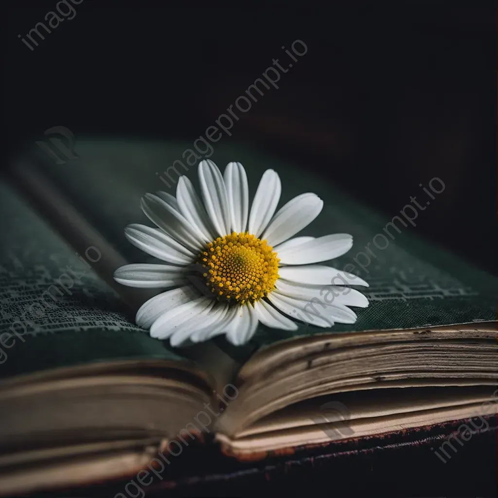 Single daisy flower with yellow center on open book - Image 1