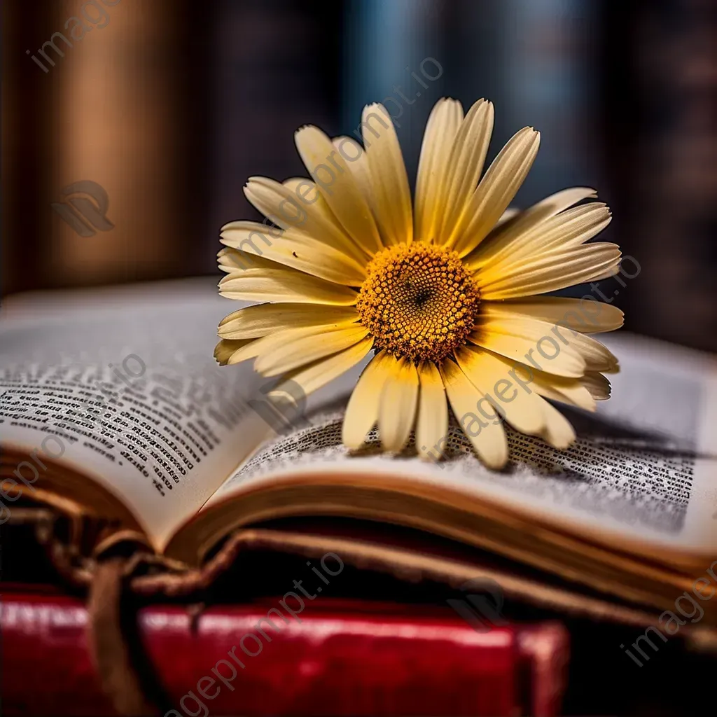 Single daisy flower with yellow center on open book - Image 2