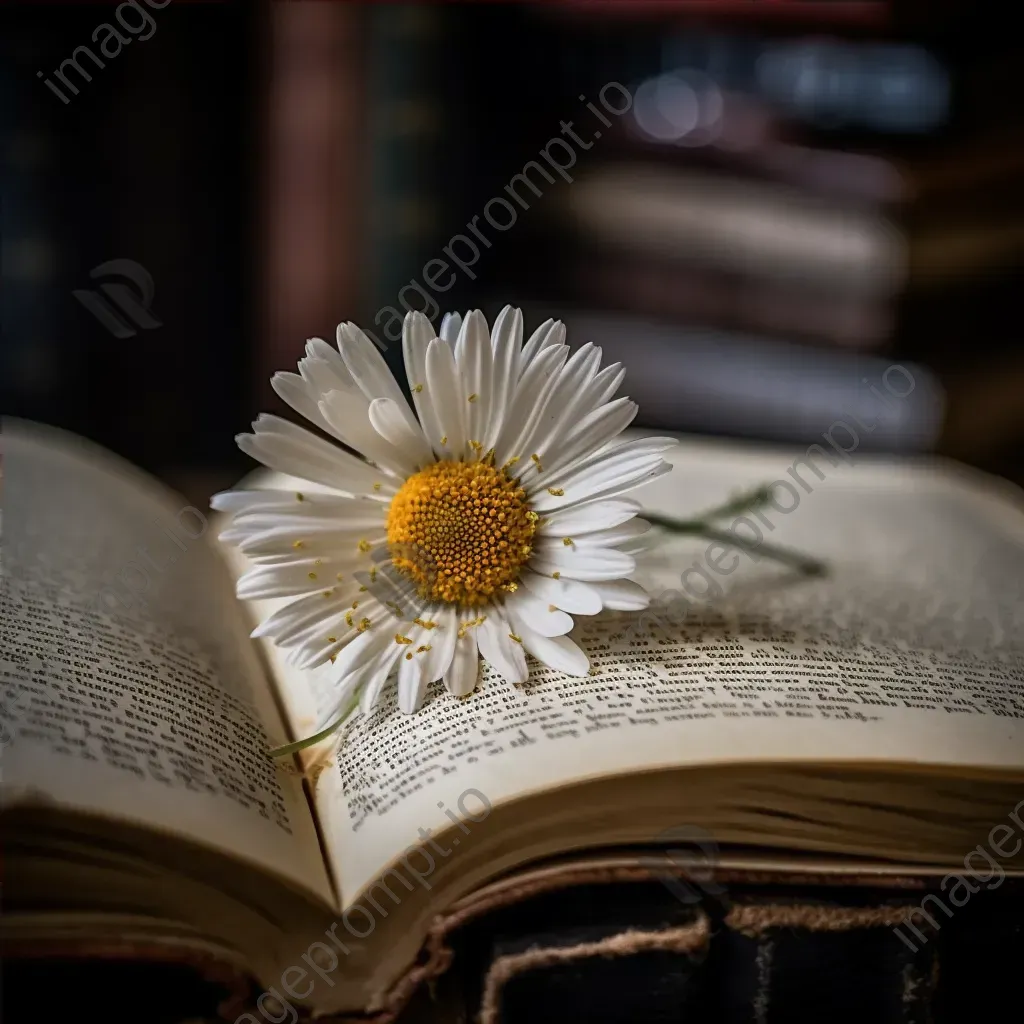 Single daisy flower with yellow center on open book - Image 4