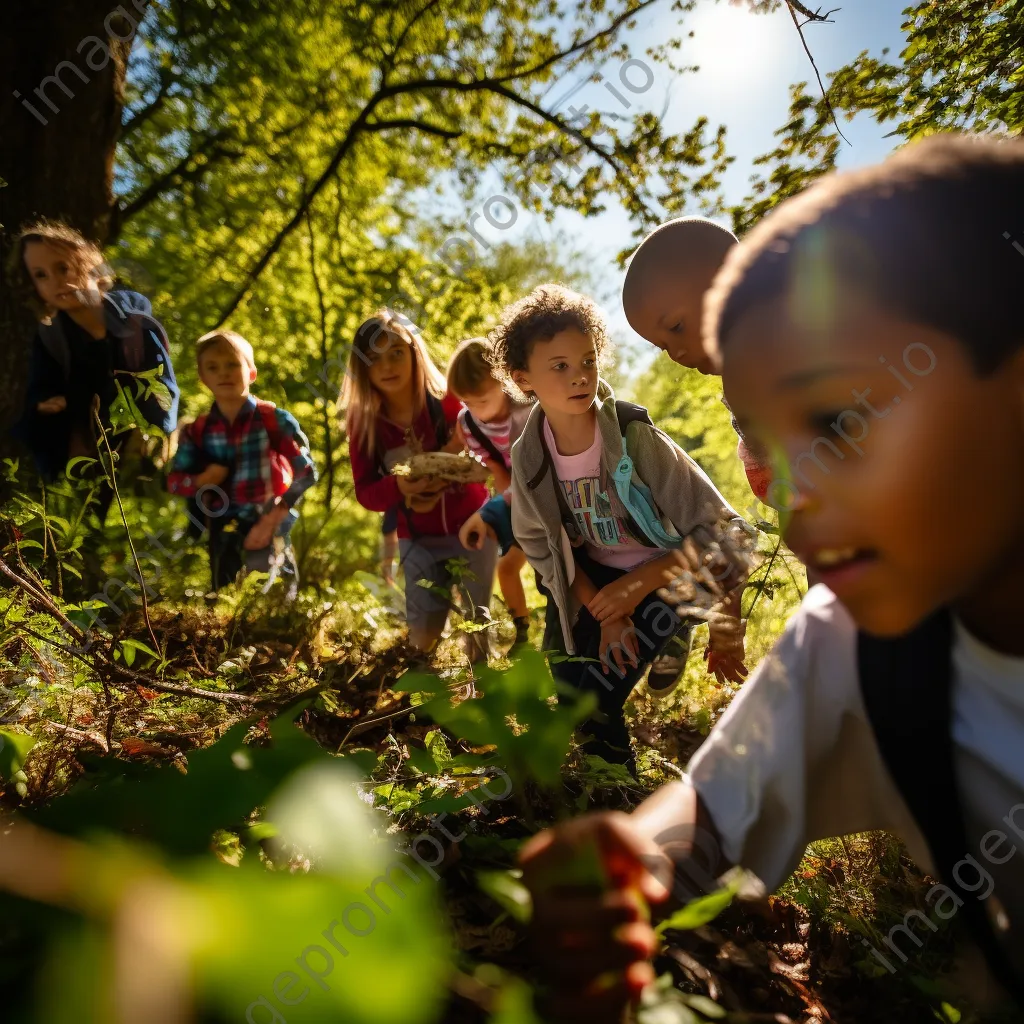 Children on a nature scavenger hunt outdoors - Image 4