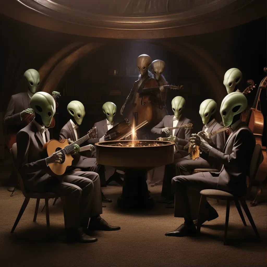 Cosmic concert with alien and human musicians symbolizing the universal language of music - Image 1