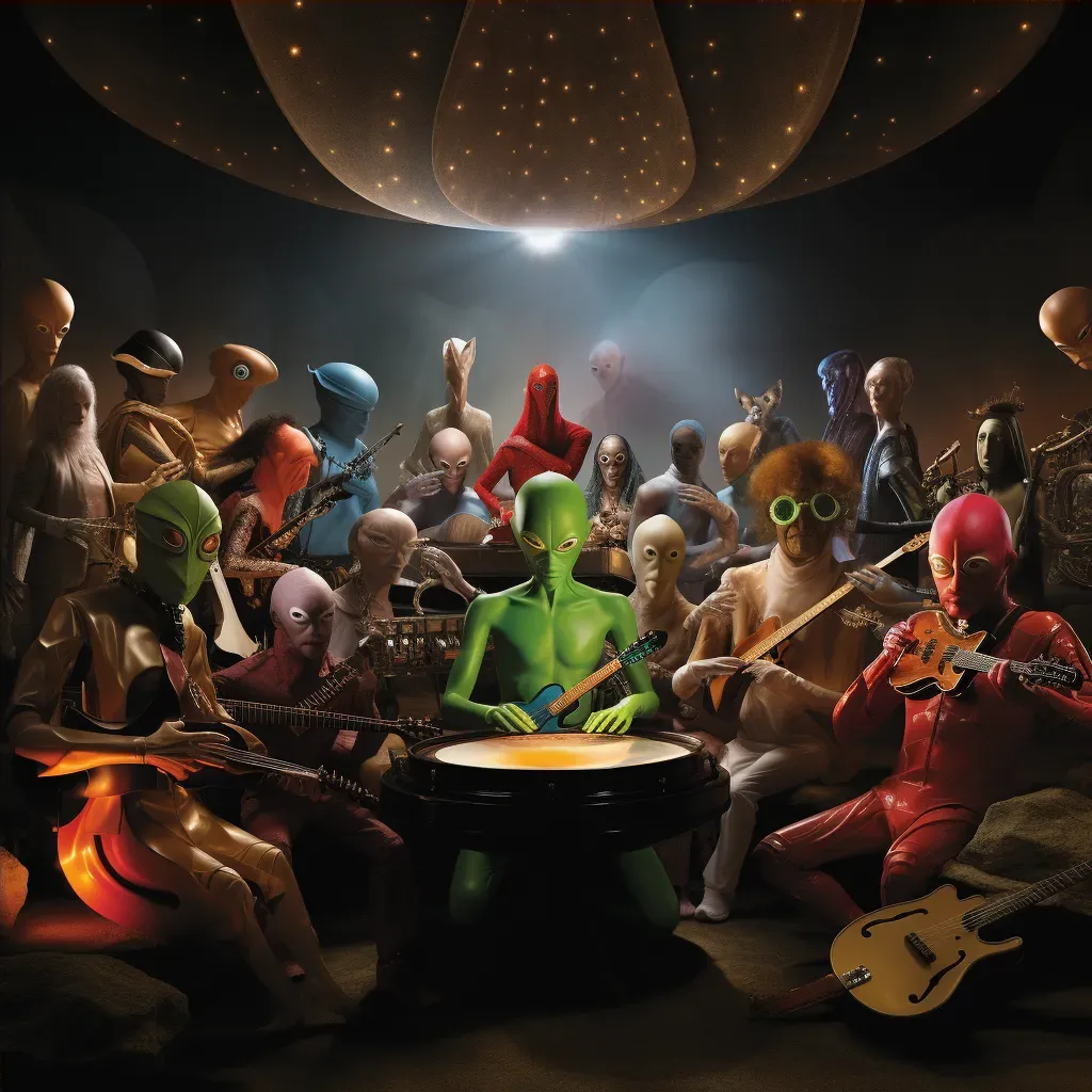 Cosmic concert with alien and human musicians symbolizing the universal language of music - Image 4