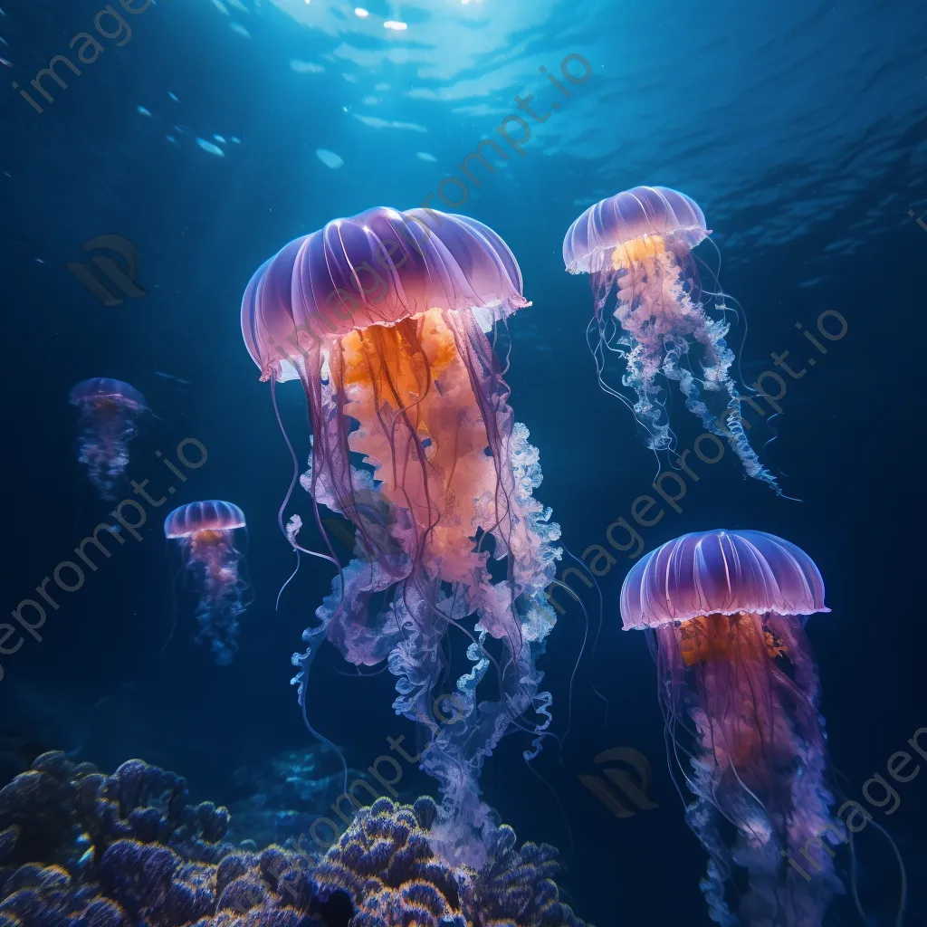 Underwater scene of glowing jellyfish in deep blue waters. - Image 1