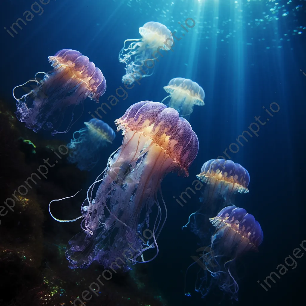 Underwater scene of glowing jellyfish in deep blue waters. - Image 3