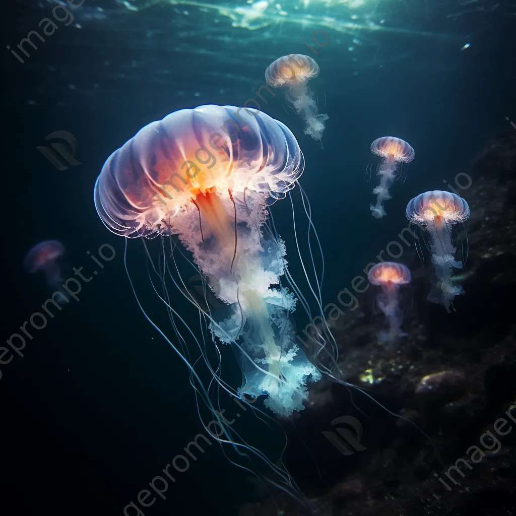 Underwater scene of glowing jellyfish in deep blue waters. - Image 4