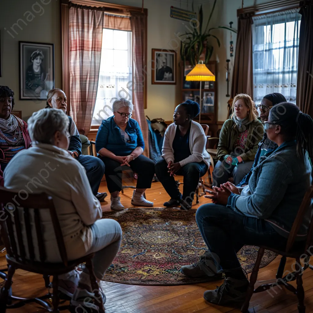 Diverse group engaged in a supportive therapy session - Image 1