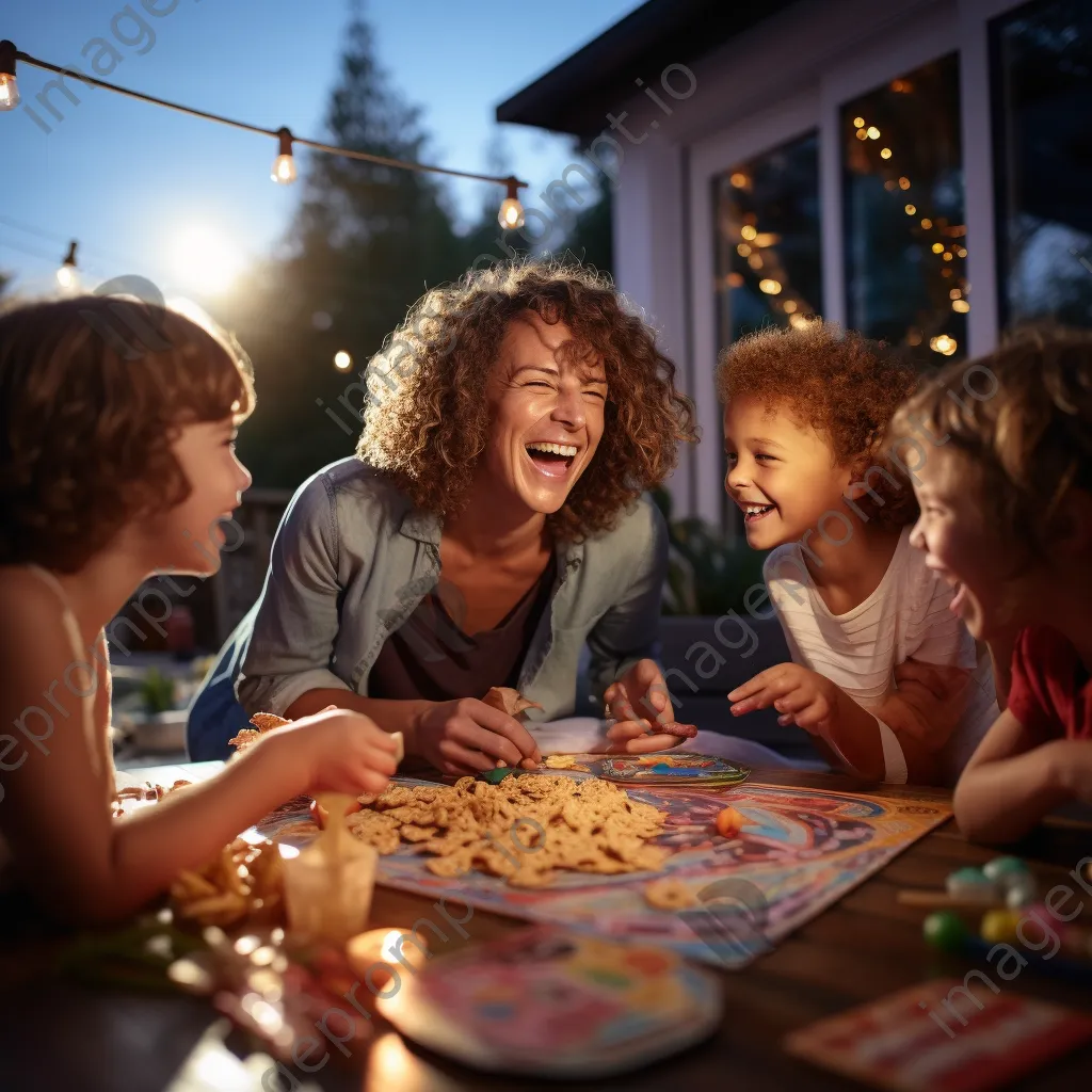 Family enjoying a lively game night with kids laughing around the table. - Image 1