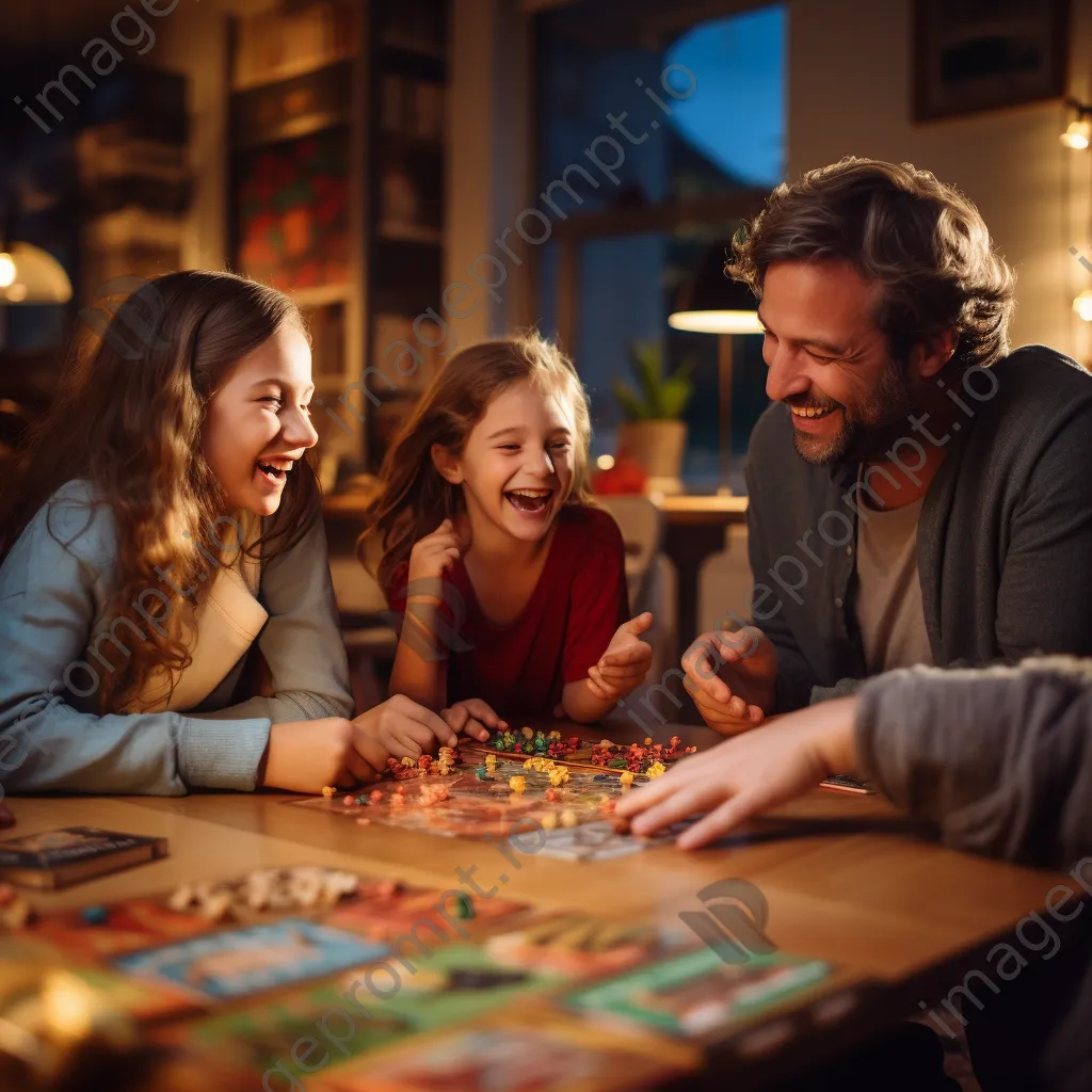 Family enjoying a lively game night with kids laughing around the table. - Image 3