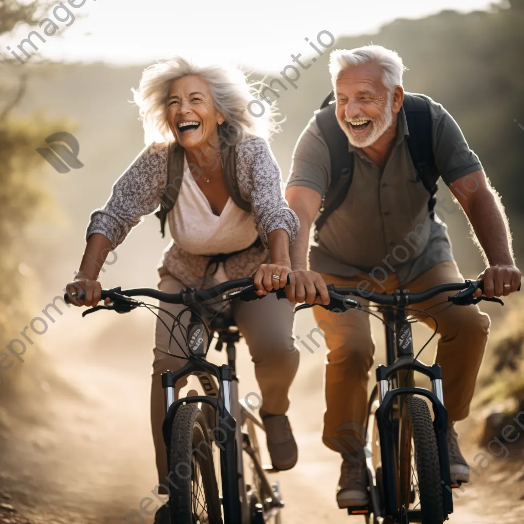 Senior couple cycling on a picturesque trail. - Image 1